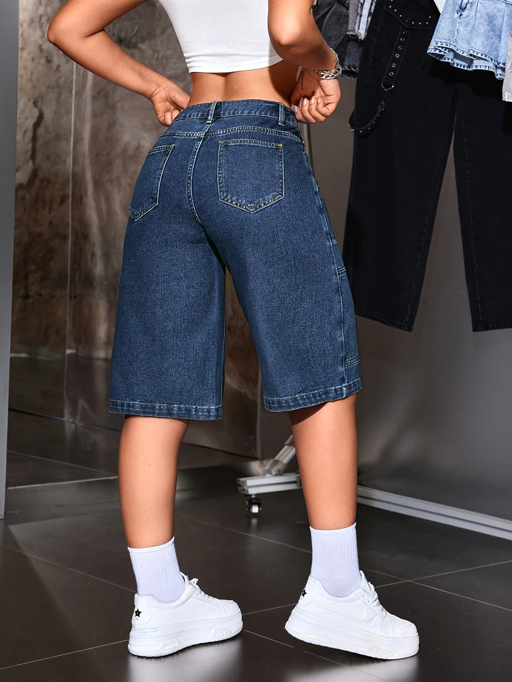 Knee Length Denim Shorts Women Multi Pocket Zipper Workwear Street Style Royal Blue Casual Bermuda Jean Shorts S-XXL