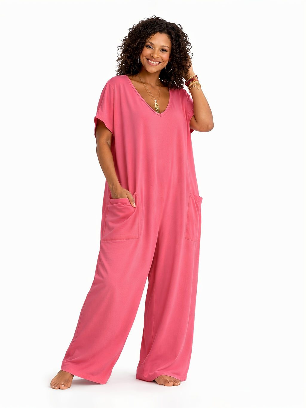 Oversized Loose Jumpsuit for Women with Pockets, V-Neck Short Sleeve Lightweight Casual One Piece, Solid Color Everyday Romper for Spring Summer Fall, Machine Washable