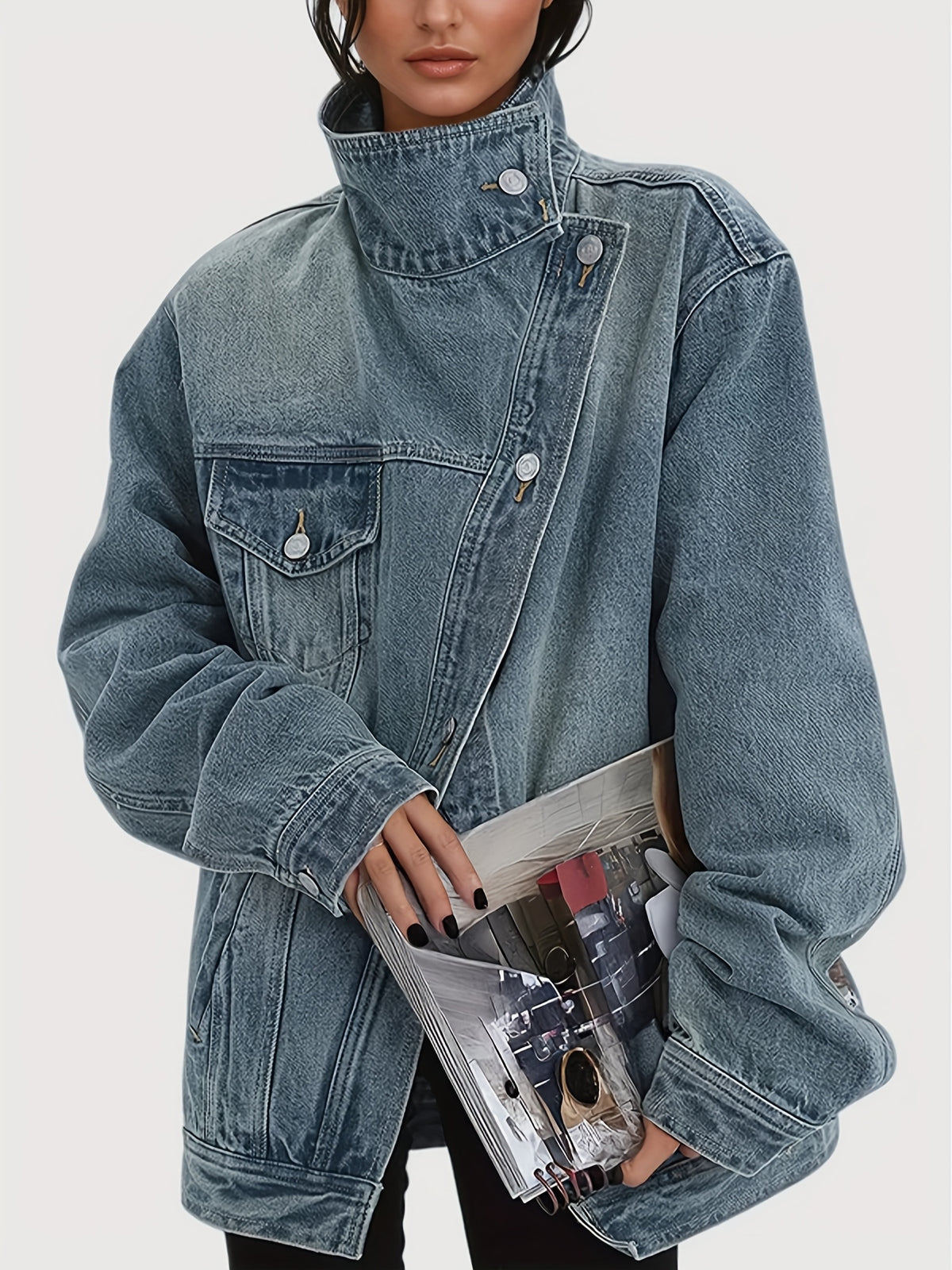 Vintage Washed High Neck Asymmetric Button Denim Jacket Women Loose Fit Drop Shoulder Streetwear Coat Light Blue Spring Fall S-XXL