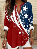 Women American Flag Print V Neck Long Sleeve Shirt 4th of July Patriotic Red White Blue Casual Blouse Machine Washable Top for Outdoor Events