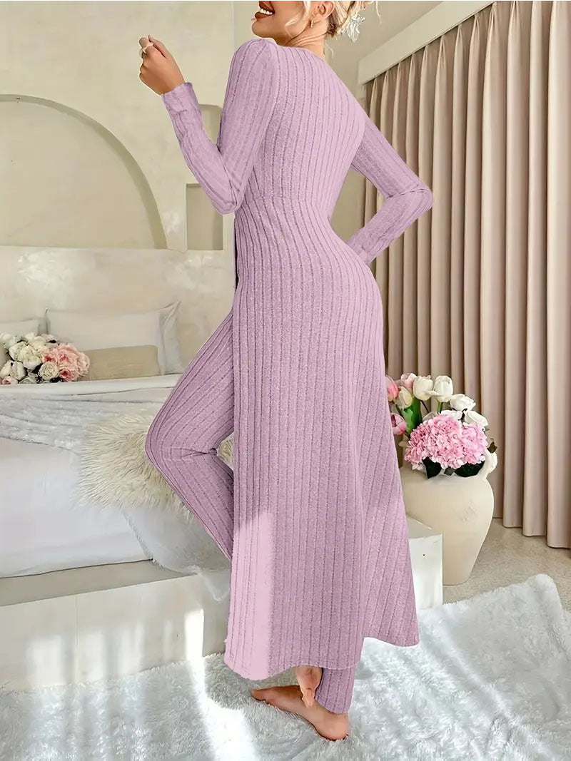 Heavyweight Fleece Lounge Set Women Oversized Long Sleeve Wide-Leg Pants Cozy Winter Two-Piece Ribbed Minimalist S-XL