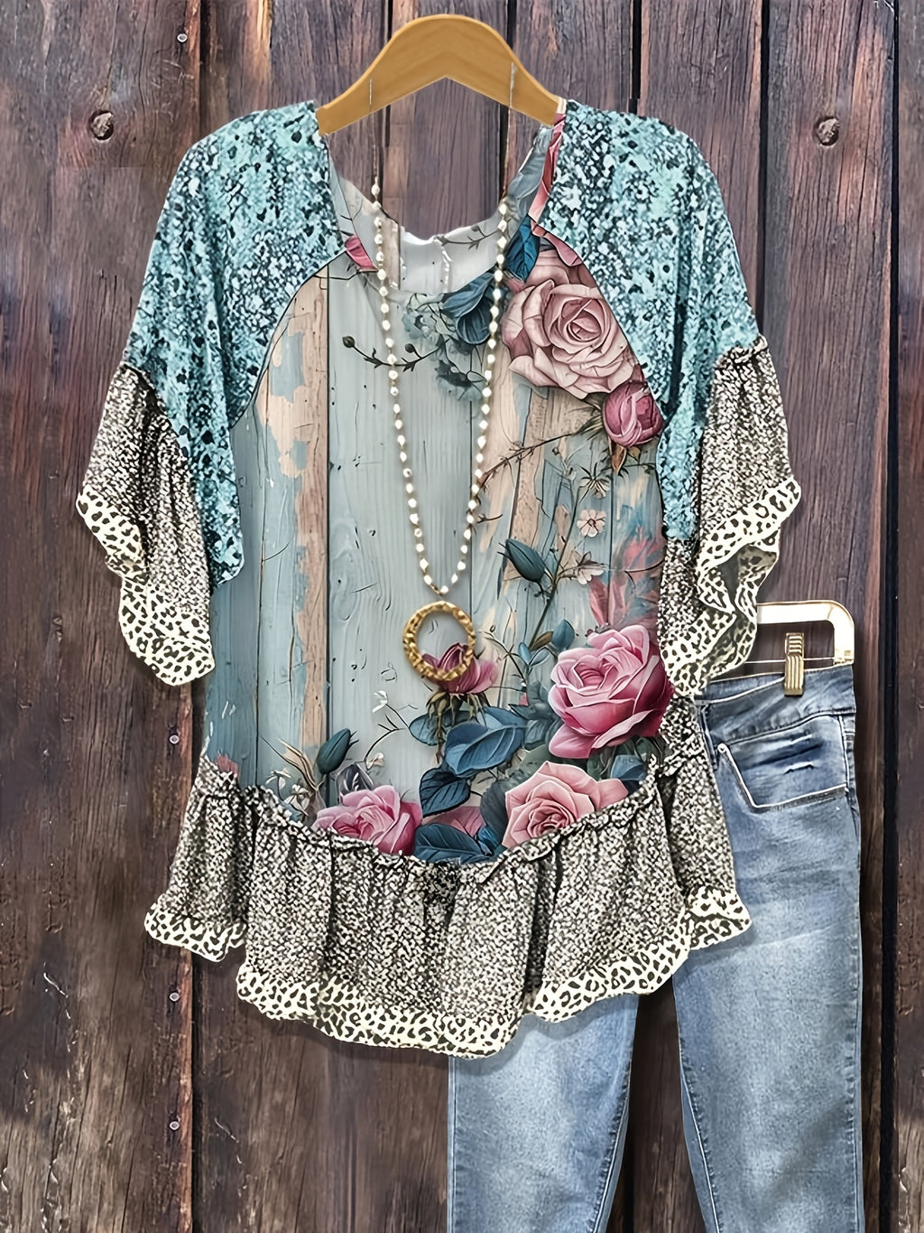 Vintage Floral Leopard Print Loose Blouse Top Women Ruffle Patchwork Cuffs Hem Casual Long Sleeve Shirt Women's Clothing