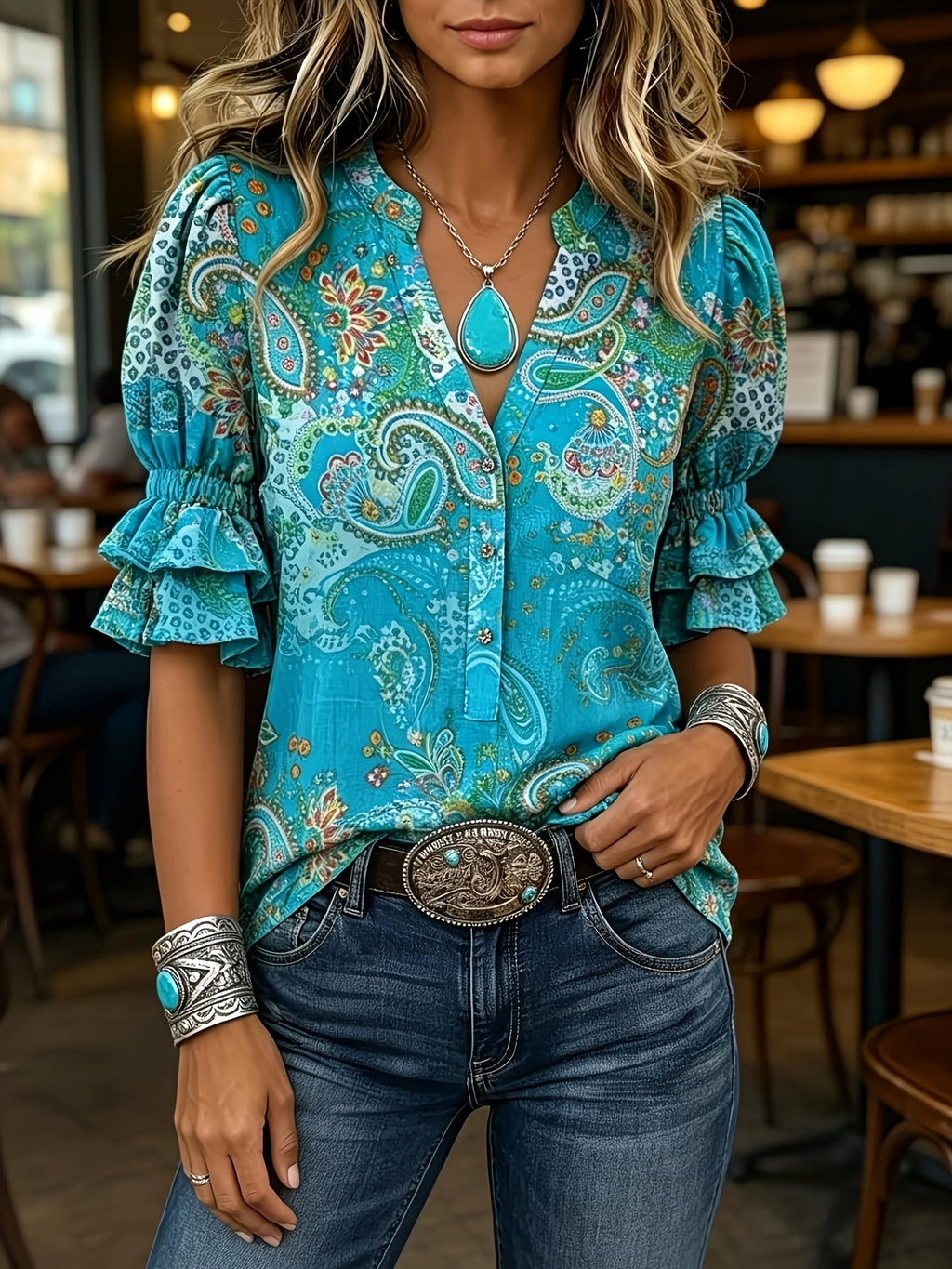 Gradient Paisley Print Lace Sleeve Blouse Women Retro Art V-Neck Double Layer Casual Elegant Top Spring Summer S-XL