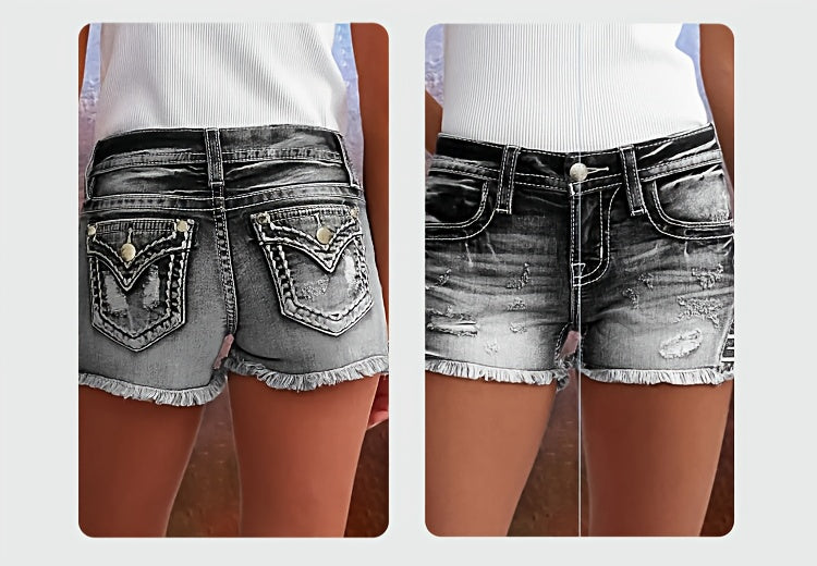 Women's Ripped Black Denim Shorts Mid-Rise Frayed Hem Distressed Casual Summer Jean Shorts | Mira Roam