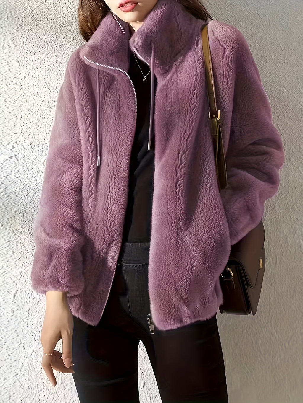 Plush Hooded Zip-Up Jacket for Women Solid Color Fuzzy Sherpa Coat Warm Winter Casual Daily
