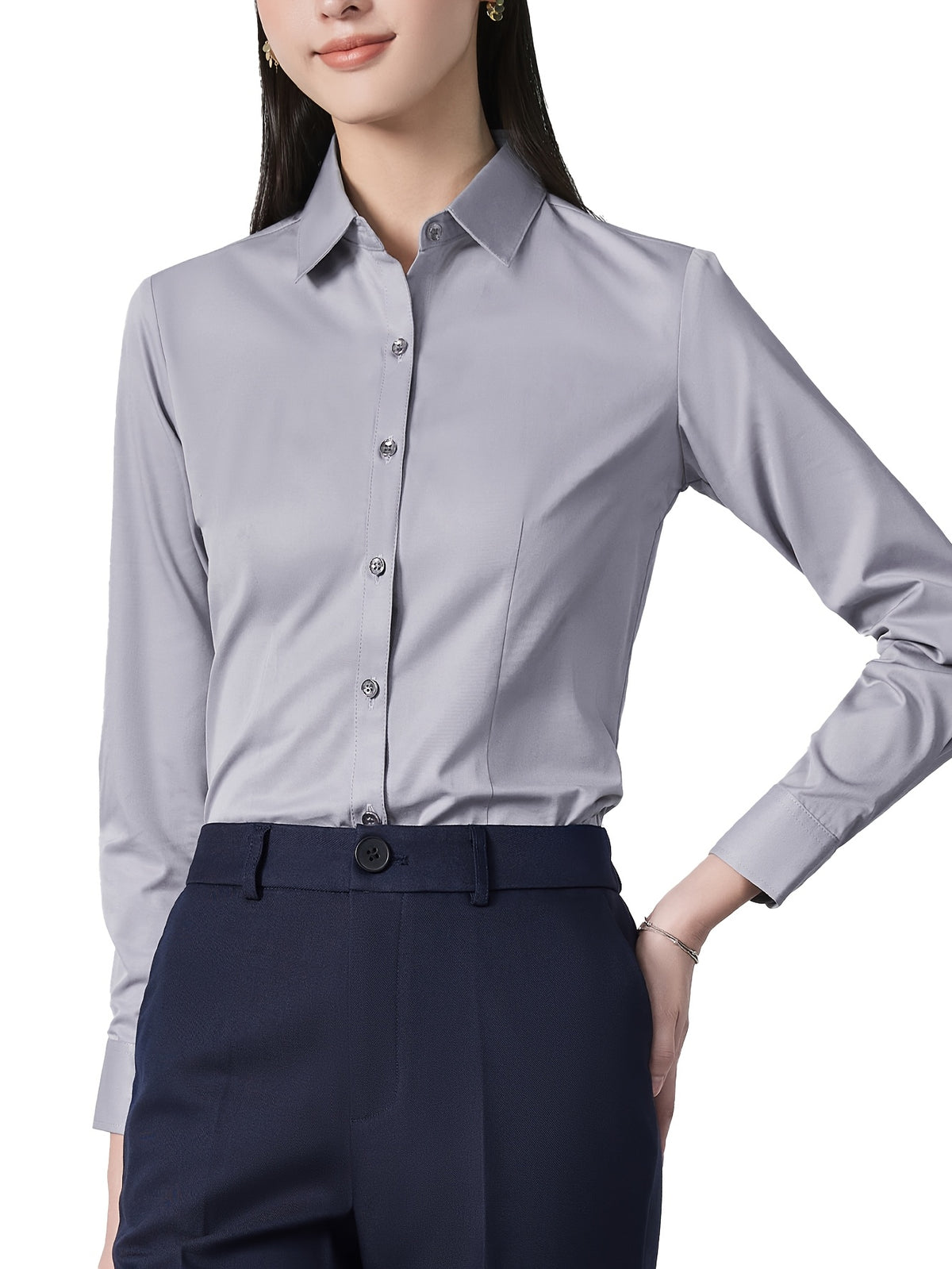 Square Collar Button-Front White Shirt for Women – Classic Long Sleeve Office Blouse in Soft Polyester Elastane, Professional Work Attire All-Season Top
