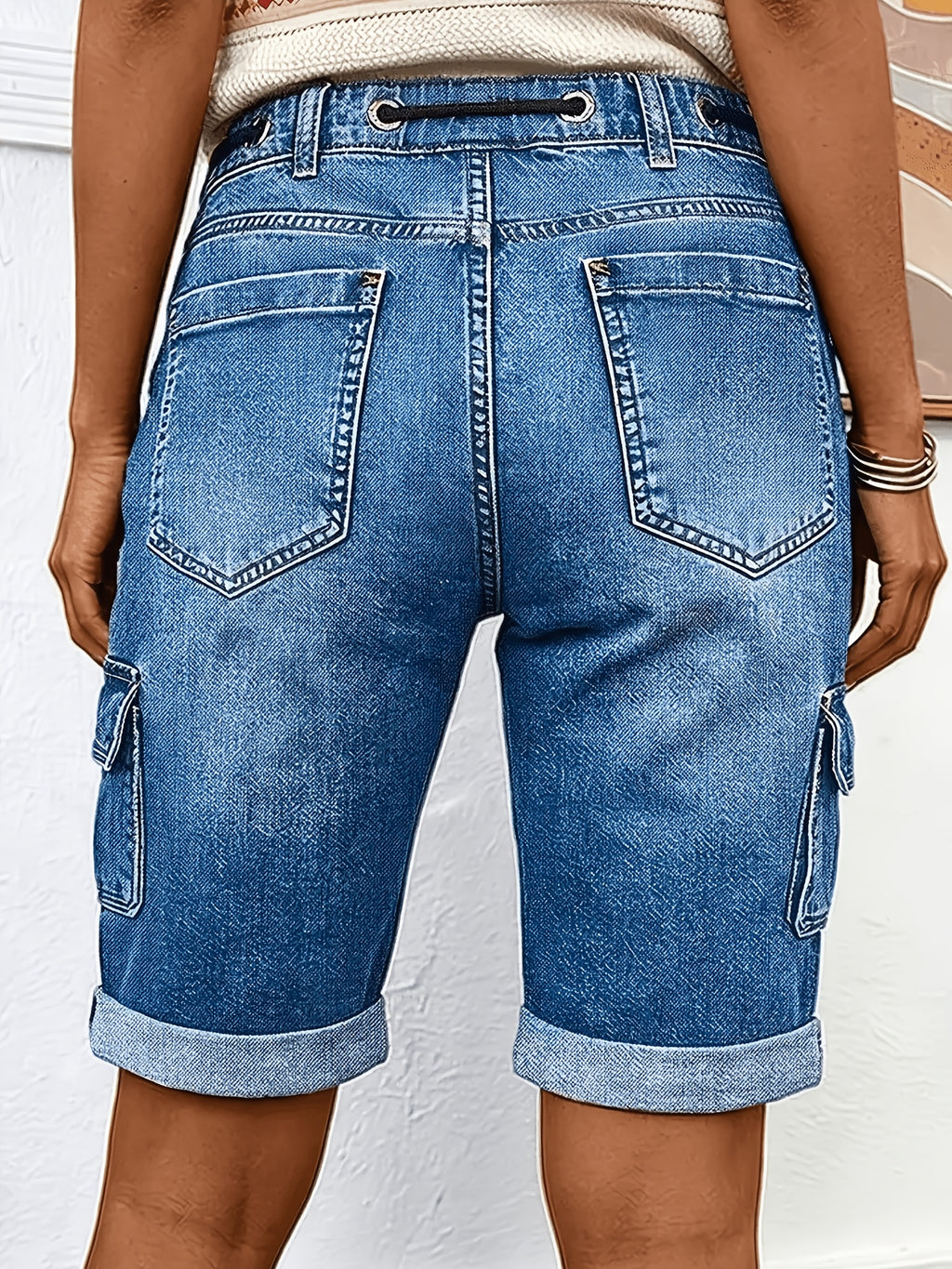 Denim Cargo Shorts for Women - Distressed Faded Mid Rise Relaxed Fit, Large Side Pockets Bell Bottom Hem Machine Washable, Casual Spring Summer Outdoor Jean Shorts