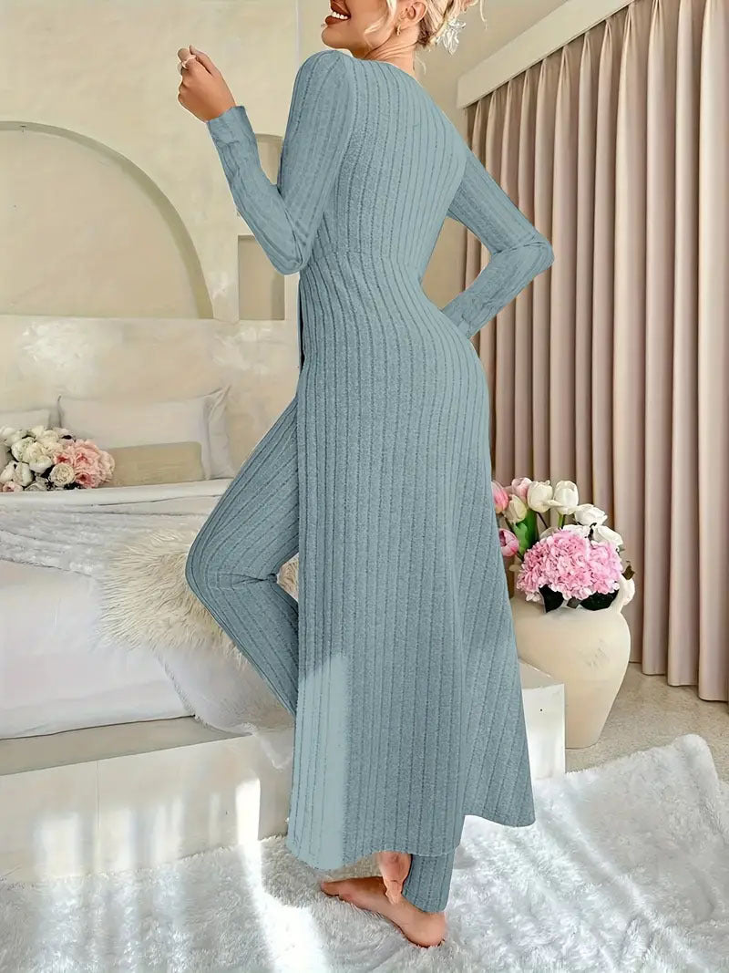 Heavyweight Fleece Lounge Set Women Oversized Long Sleeve Wide-Leg Pants Cozy Winter Two-Piece Ribbed Minimalist S-XL