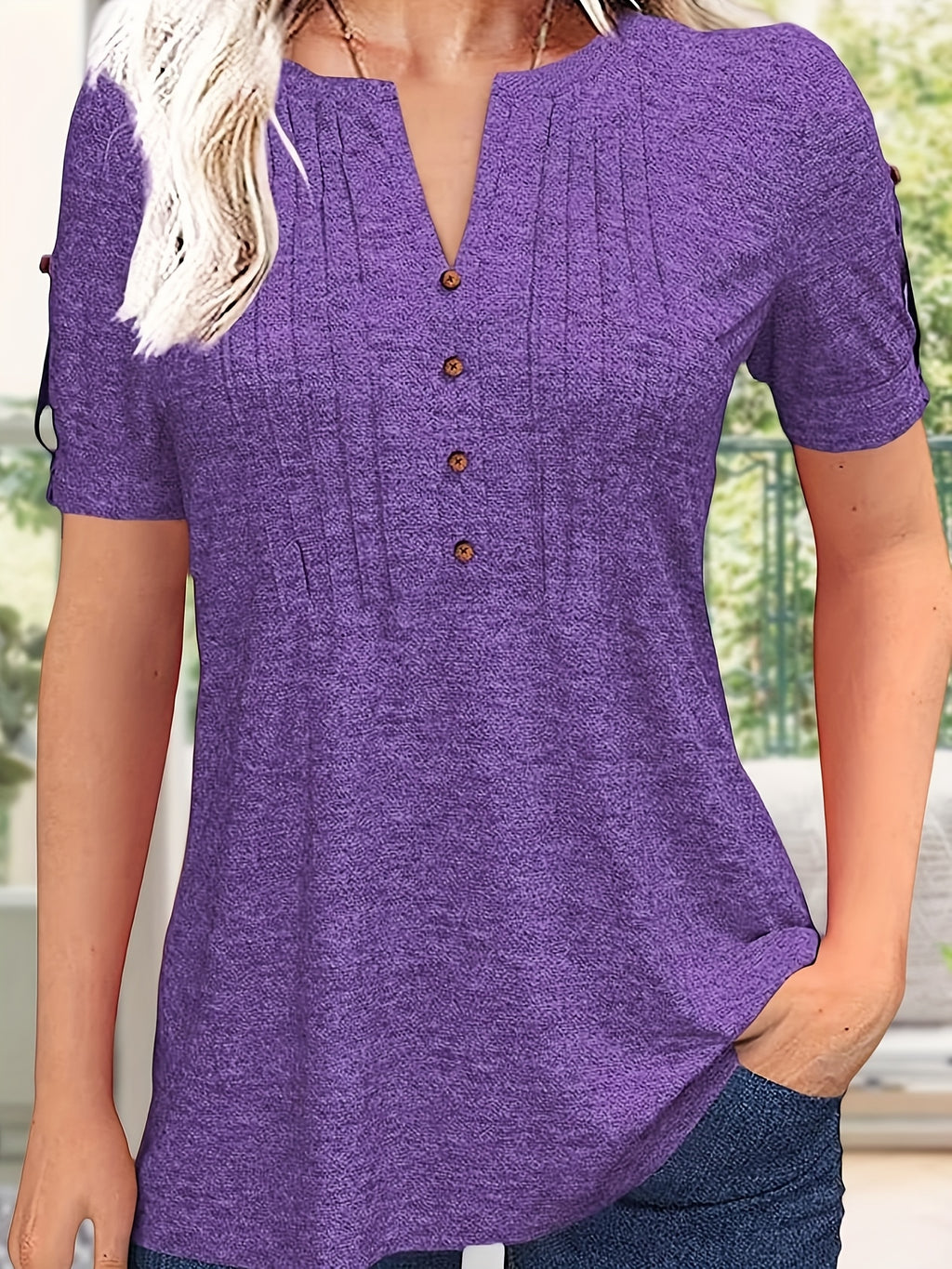 Button Front V-Neck Top Women Pleated Detail Short Sleeve Solid Color Casual Summer Blouse Lightweight Breathable Machine Washable