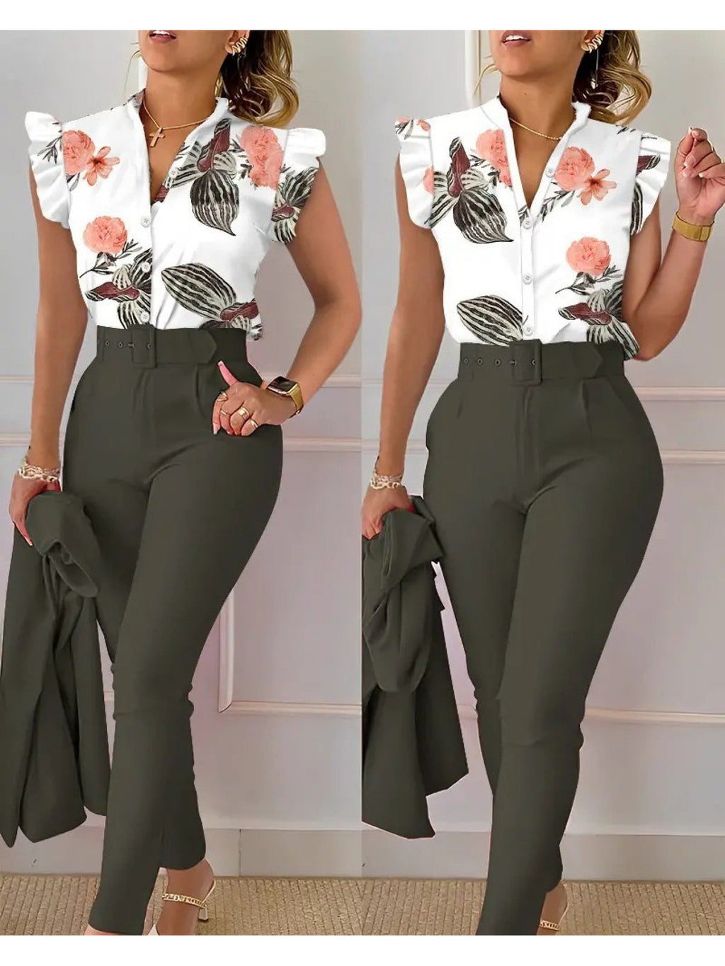 Printed Lotus Leaf Ruffle Sleeve Top Pants 2 Piece Set Women Belt Leopard Camo Print Spring Summer Outfit S-XXL