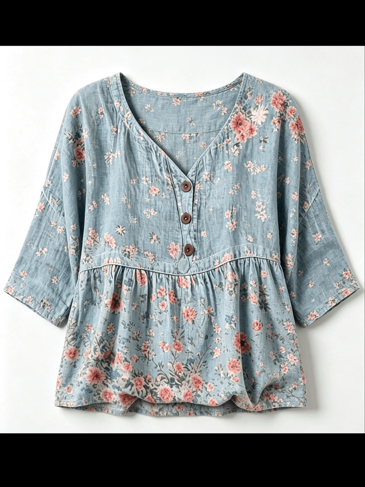 Ditsy Floral Babydoll Blouse Women 3/4 Sleeve V-Neck Light Denim Blue Casual Flowy Spring Summer Top S-XXL