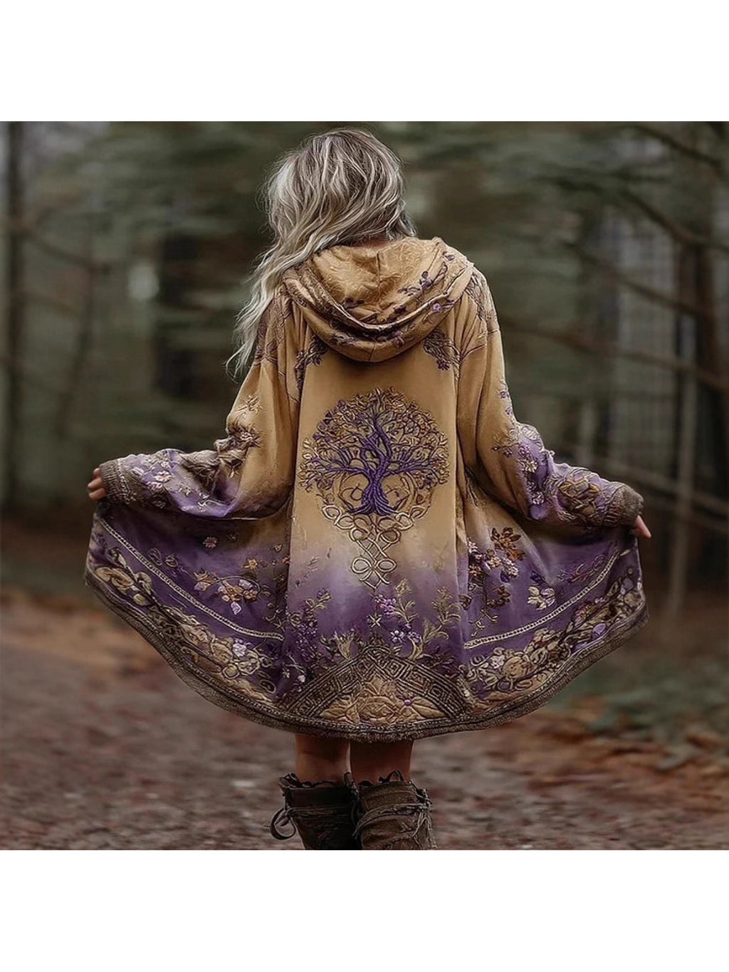 Bohemian Tree of Life Gradient Cardigan Women Hooded Oversized Printed Coat Boho Forest Vacation Photoshoot S-XXL