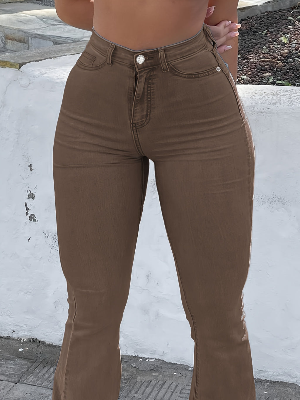 High Waist Stretch Flare Jeans Women Wide Leg Pants with Pockets – Solid Color Street Style, All-Season Comfortable Denim, Machine Washable
