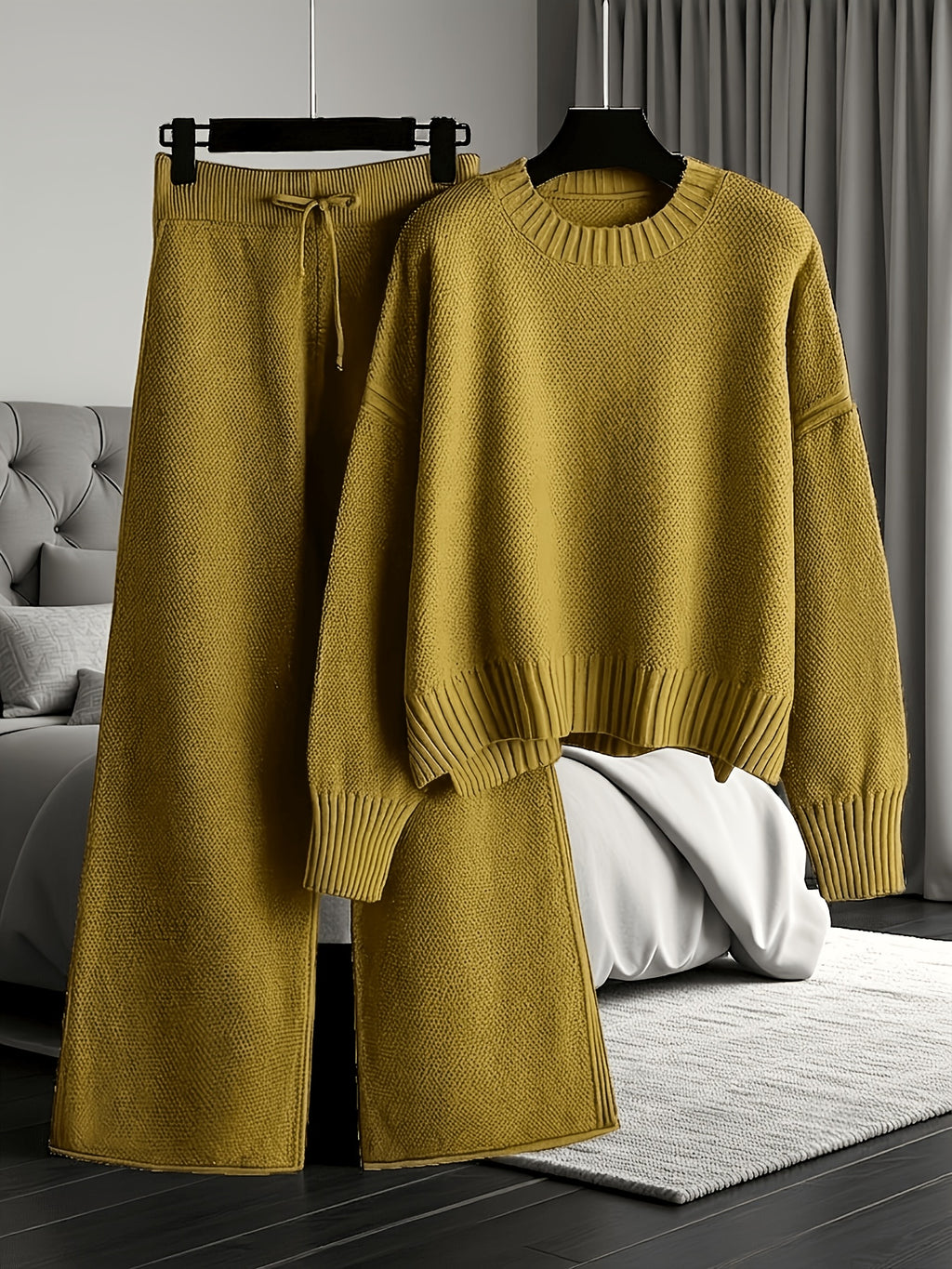 Waffle Texture Two-Piece Set Women Long Sleeve Hoodie High Waist Wide Leg Pants Casual Loose Retro Fall Tracksuit Set S-XXL