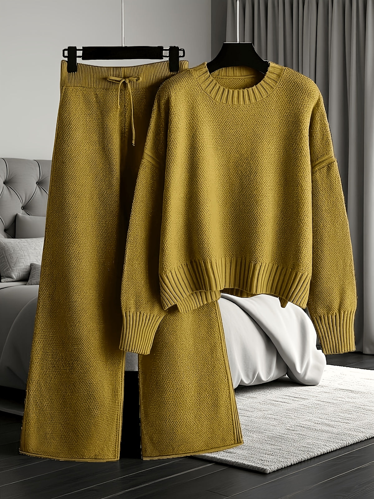 Waffle Texture Two-Piece Set Women Long Sleeve Hoodie High Waist Wide Leg Pants Casual Loose Retro Fall Tracksuit Set S-XXL