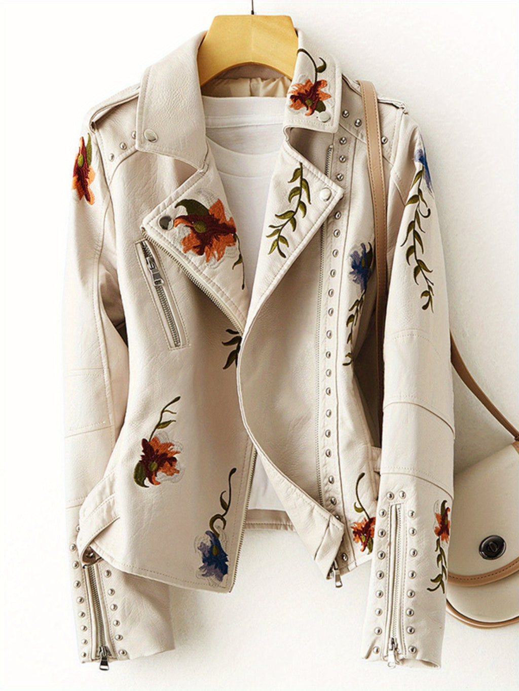 Floral Embroidered Moto PU Jacket Women Studded Faux Leather Coat Casual All Season Streetwear Biker Jacket