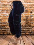 Women's High Waist Cargo Ankle Jeans Navy Blue Elastic Drawstring Multi-Pocket Streetwear S-XXL