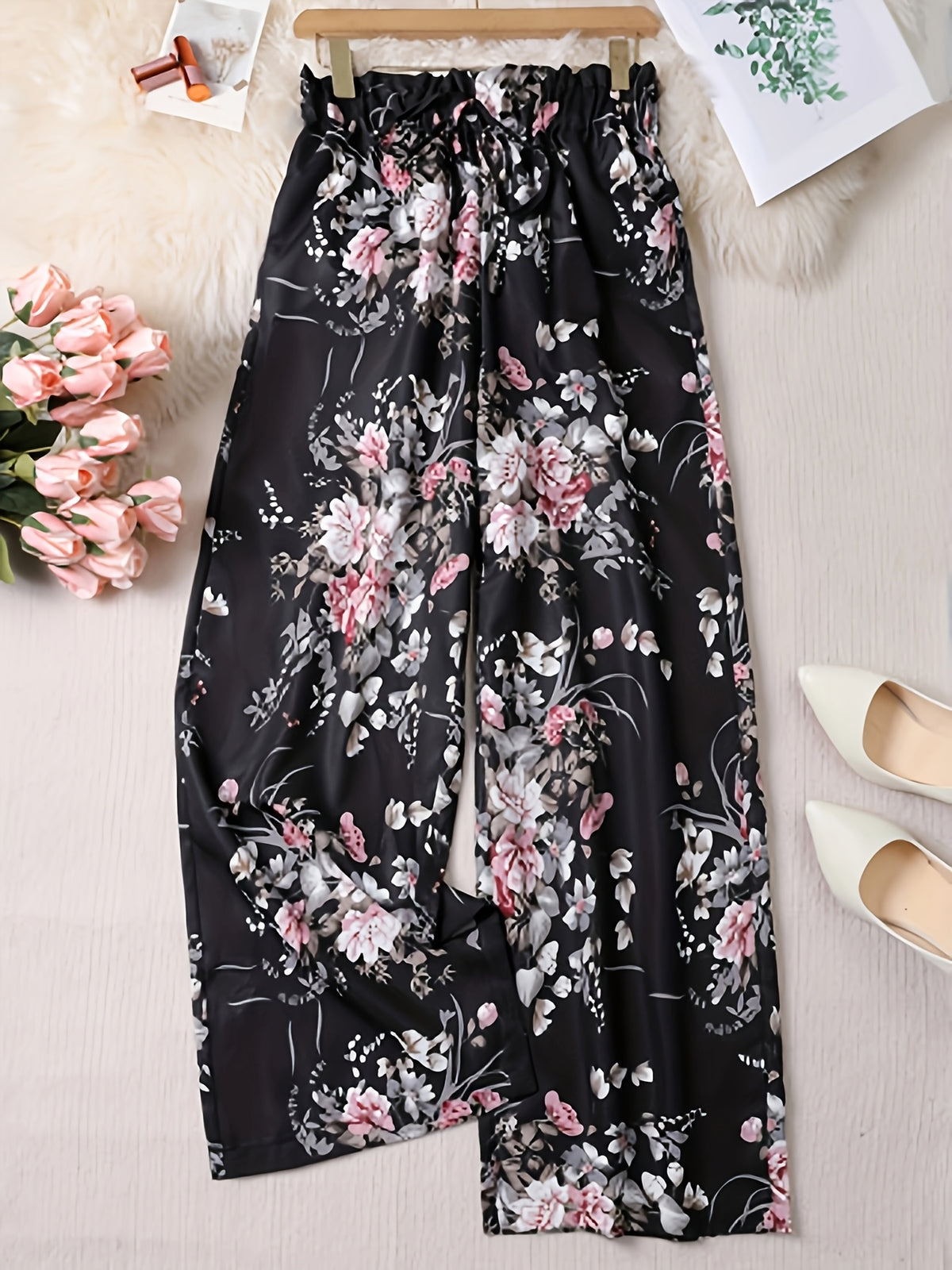 Solid Color Wide Leg Pants for Women – Elastic Waist Loose Fit Trousers with Pockets, Non-Transparent Breathable Fabric Casual Outdoor All-Season Machine Washable Comfortable Bottoms S-XXL