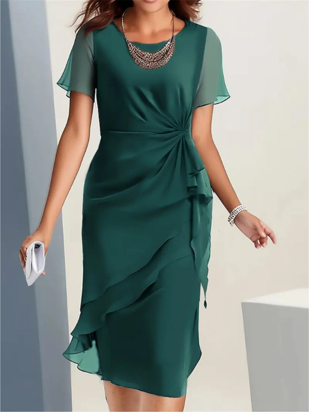 Chiffon Patchwork Dress for Women Slim Fit Round Neck Waist Twist Asymmetrical Ruffle Hem Wedding Guest Evening Party