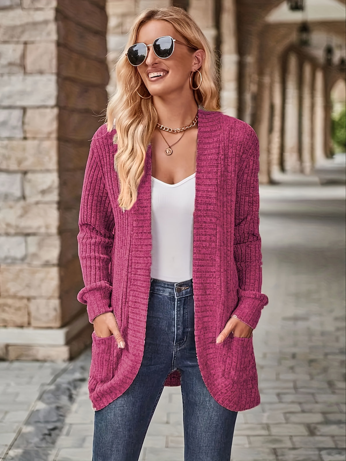 Cardigan Collar Loose Blouse Women Knit Pocket Long Sleeve Solid Color Casual Elegant Top 10 Colors Stretch Everyday Wear S-XXL