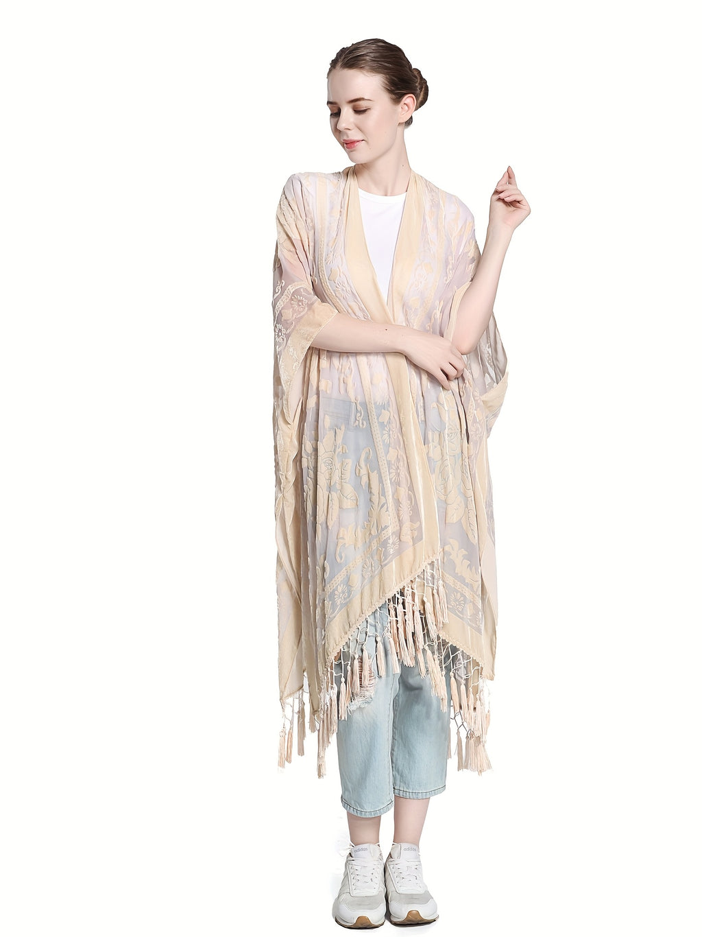Boho Burnout Velvet Kimono Women Long Cardigan Cover Up Tassel Floral Embroidered One Size