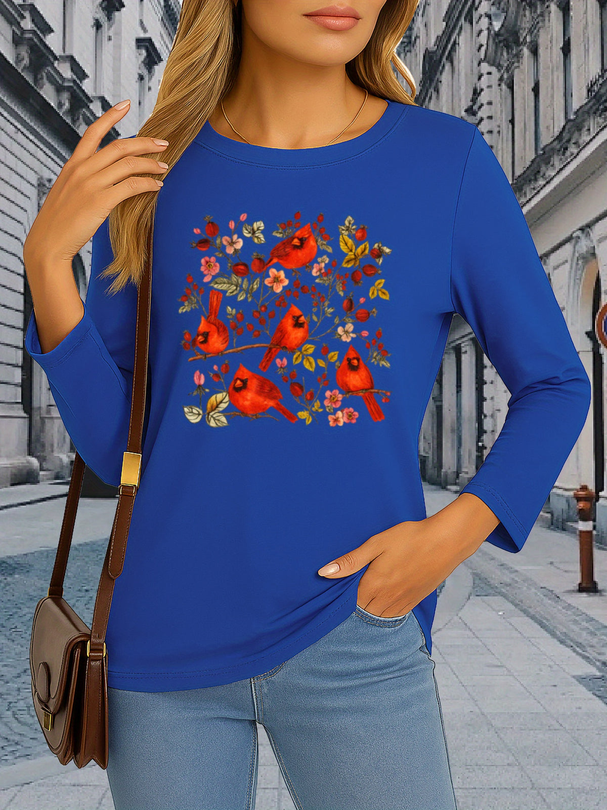 Magpie Floral Print Long Sleeve T-Shirt Women Casual Round Neck Graphic Tee Spring Summer Fall Knit Top