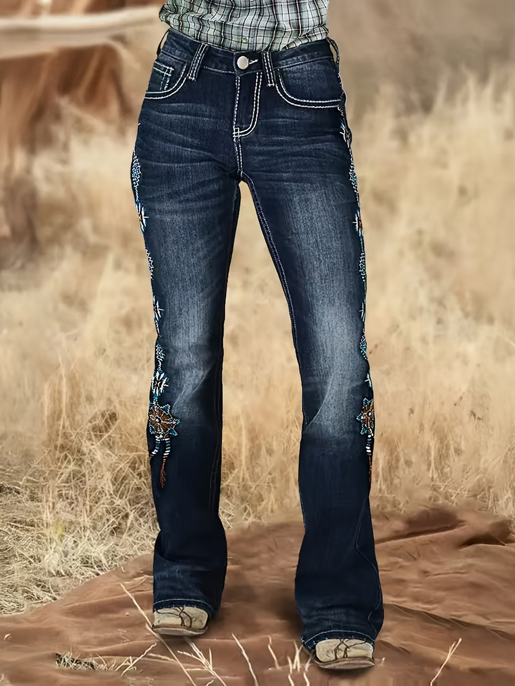 Flare Jeans Women Embroidered Mid Rise Bell Bottom Stretch Denim Floral Geometric Print Blue Wash Casual All Season Boho Pants