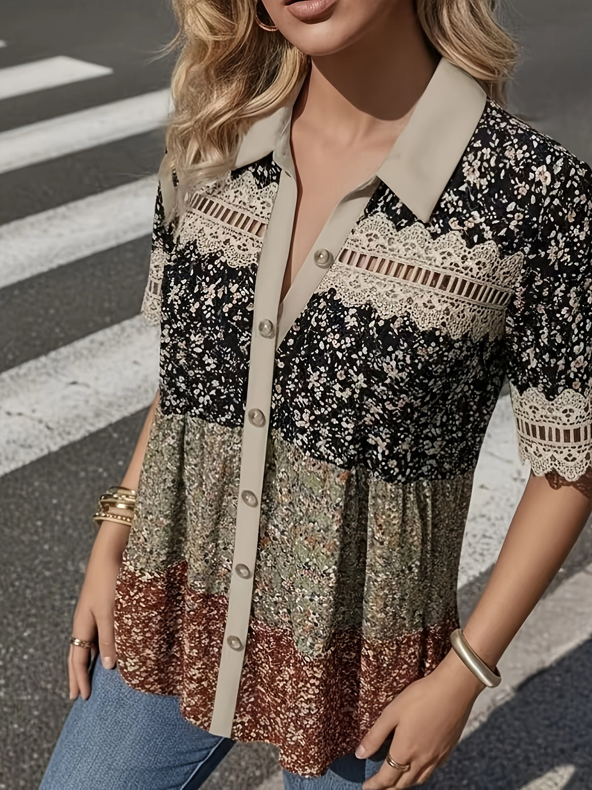 Printed Cardigan Blouse Women Shirt Collar Short Sleeve Casual Regular Fit Daily Commute Campus Dating Top S M L XL XXL