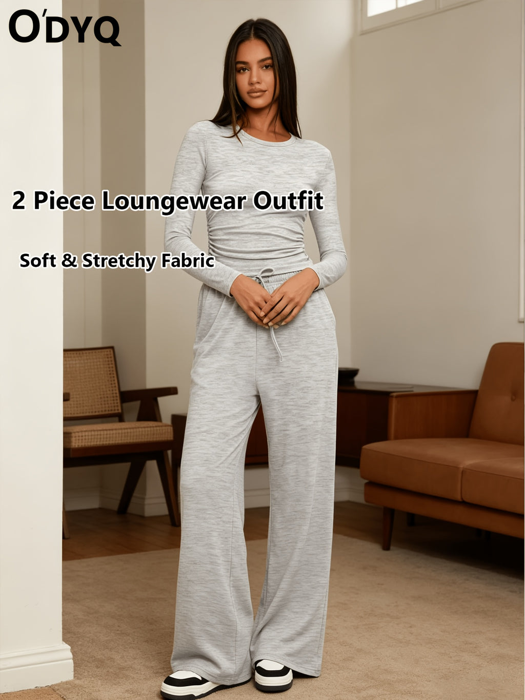 Women's 2 Piece Loungewear Set Casual Long Sleeve Top & High Waist Wide Leg Pants Sweatsuit Matching Outfit