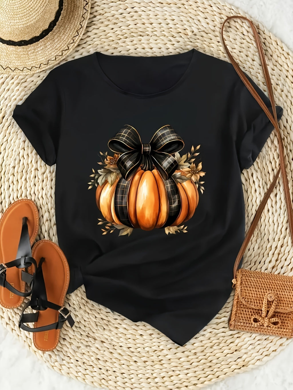 Black Casual Graphic Print T-Shirt Women Loose Round Neck Short Sleeve Versatile Top Everyday Party Casual Outing Comfortable Soft Knit S-XXL