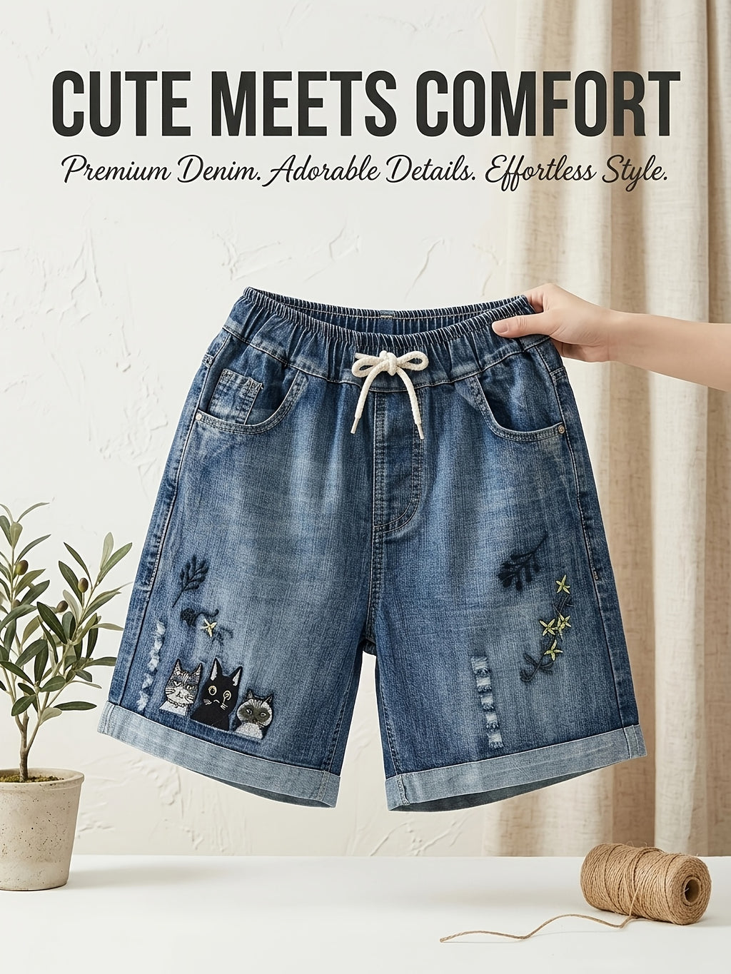 Cat Embroidered Denim Shorts for Women - Loose Fit Elastic Drawstring Waist, Wide Leg Casual Jean Shorts with Pockets, Cute Streetwear Style for Summer