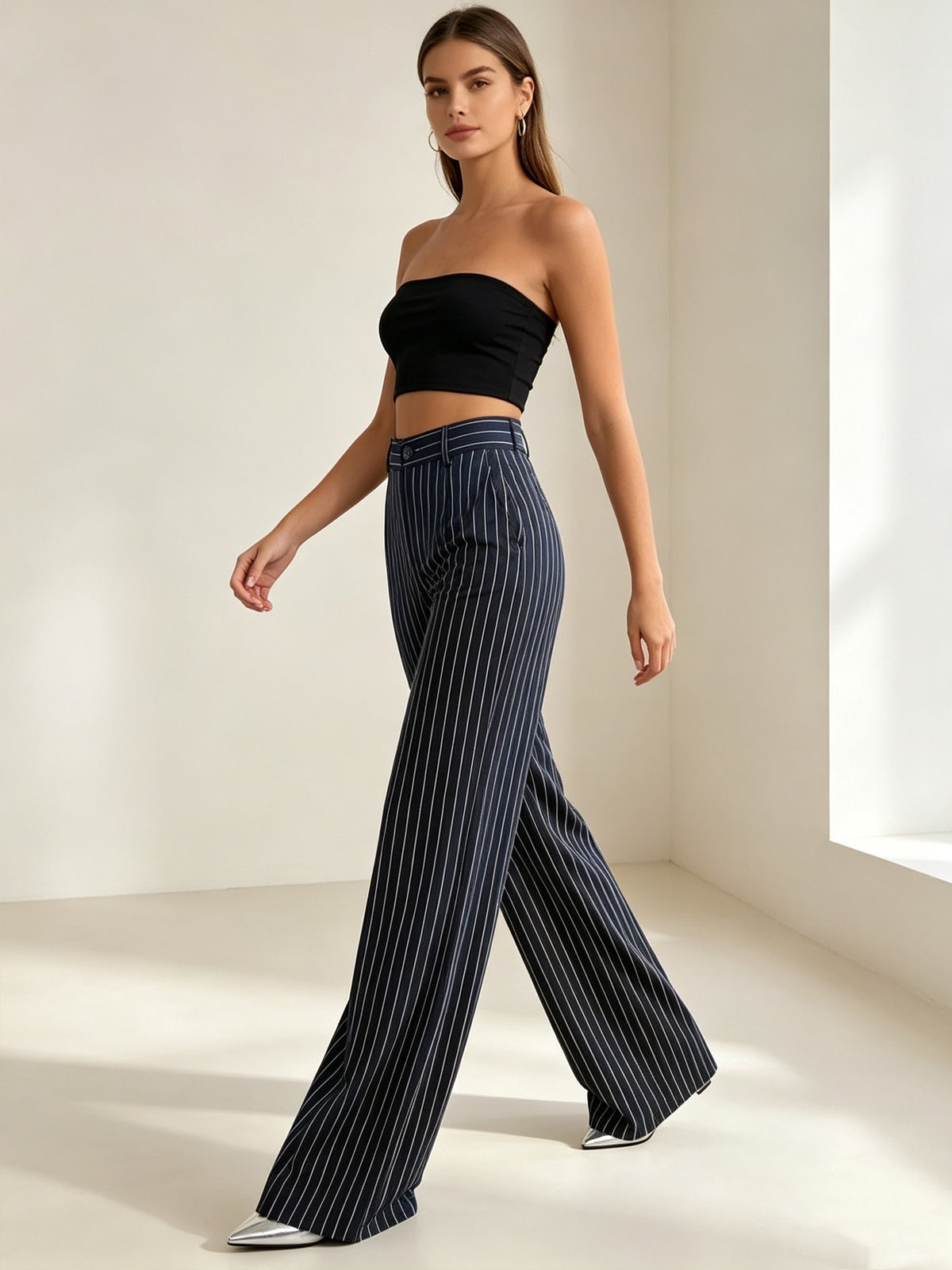 Striped Wide Leg Pants 2 Piece Set Women - High Waist Loose Fit Elegant Casual Outfit with Asymmetrical Pockets, All Season Polyester Machine Washable Work & Daily Fashion Set