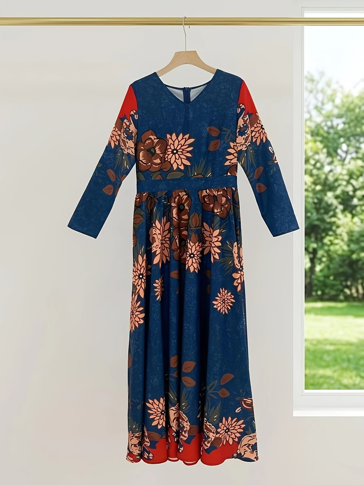 Women's Floral Print V-Neck Maxi Dress A-Line Long Sleeve Spring Autumn Fashion Multicolor S-XXL