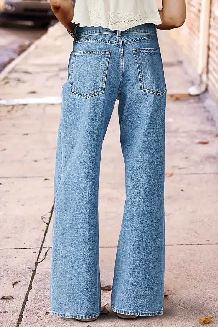 Women's High-Waisted Washed Embroidered Straight Leg Jeans Stretch Beltless Light Blue Purple All Season