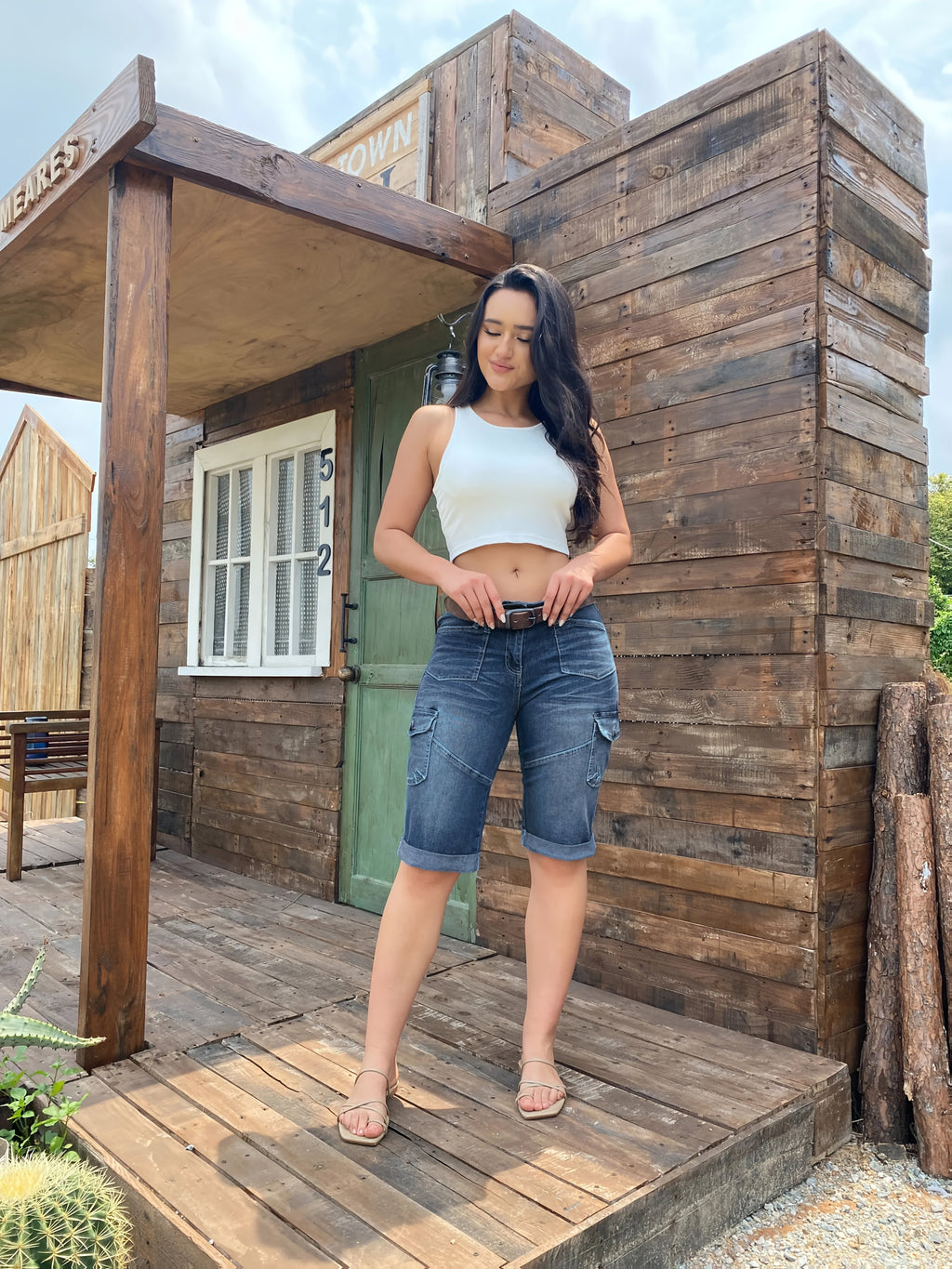 Cargo Capri Jeans Women Heavy Wash Splicing Design Elastic Fabric Hip Lifting Medium Blue Summer Leisure 5 Point Denim Shorts S-XXL