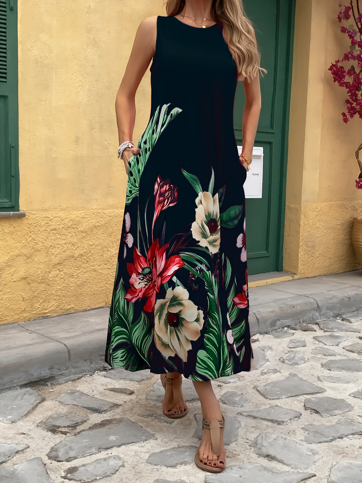 Floral Print Spaghetti Strap Dress Women Pocket Sleeveless Digital Print Midi Dress Casual Elegant Evening Holiday Dress S-XXL