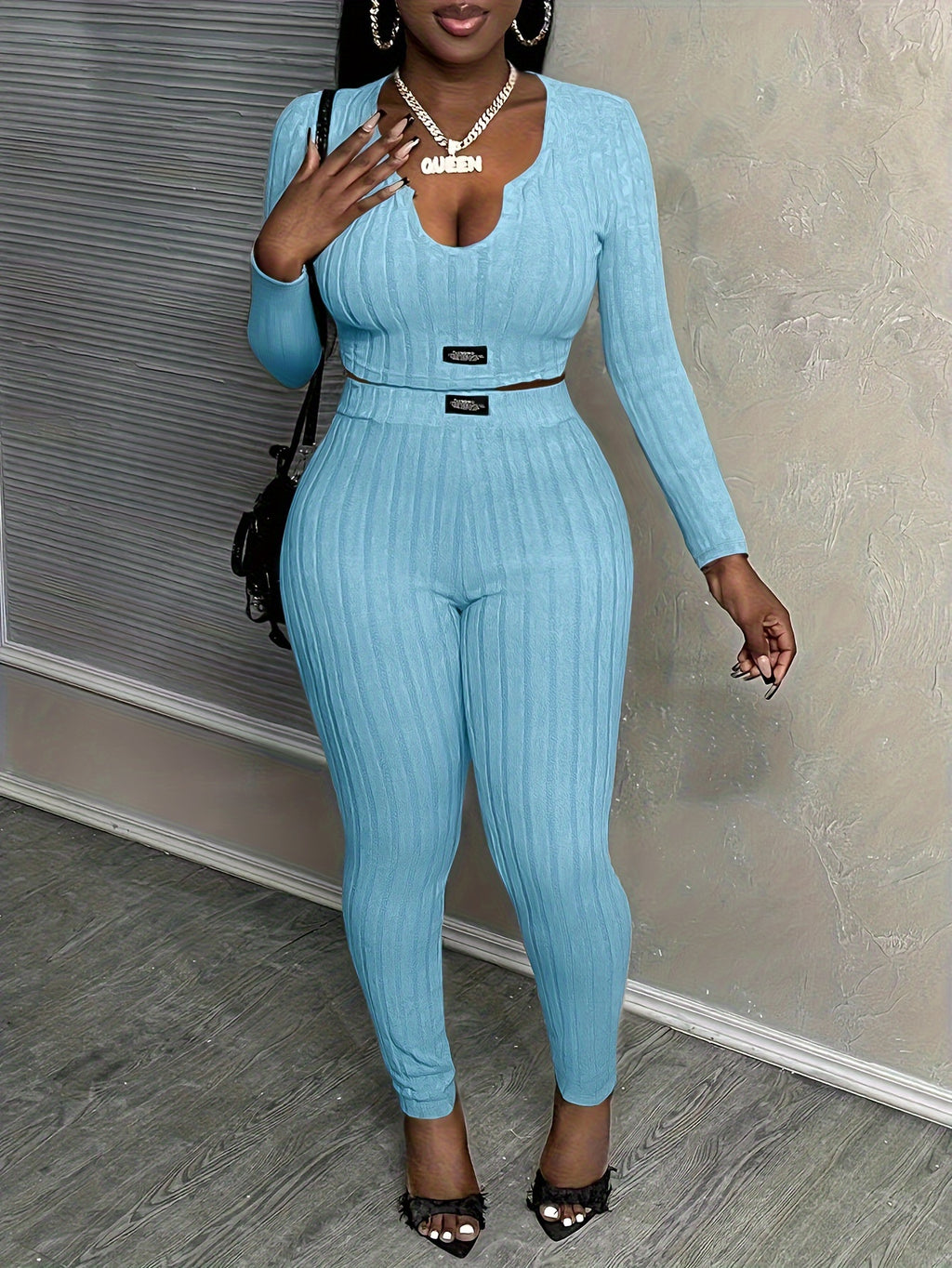 2 Piece Set Women Slim Fit Long Sleeve Top & High Waist Pants Stretchy Casual Fall Outfit Matching Set S-XXL