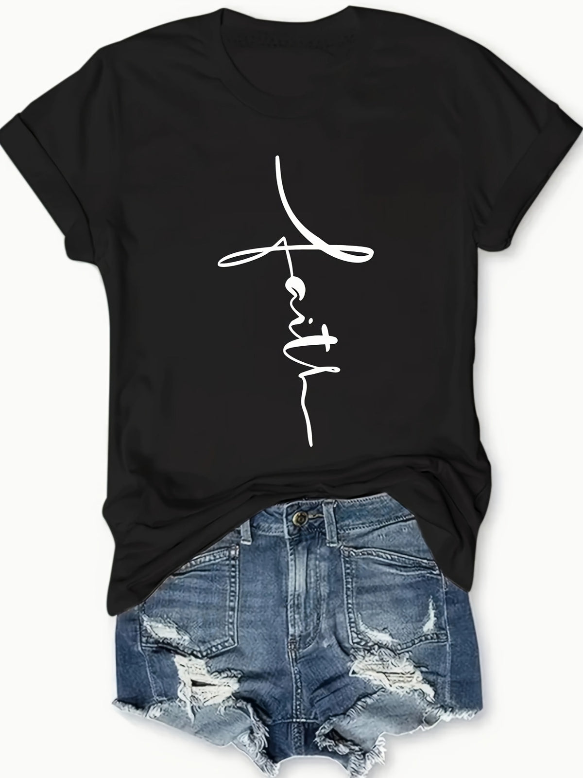 Women's Casual Letter Cross Floral Print T-Shirt Short Sleeve Round Neck Top | S-XXL Dark Gray Black White