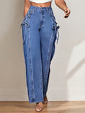 Wide Leg Straight Jeans Women Mid Rise Relaxed Fit Side Bow Tie Y2K Retro Streetwear Casual Denim Pants Blue Olive S-XXL