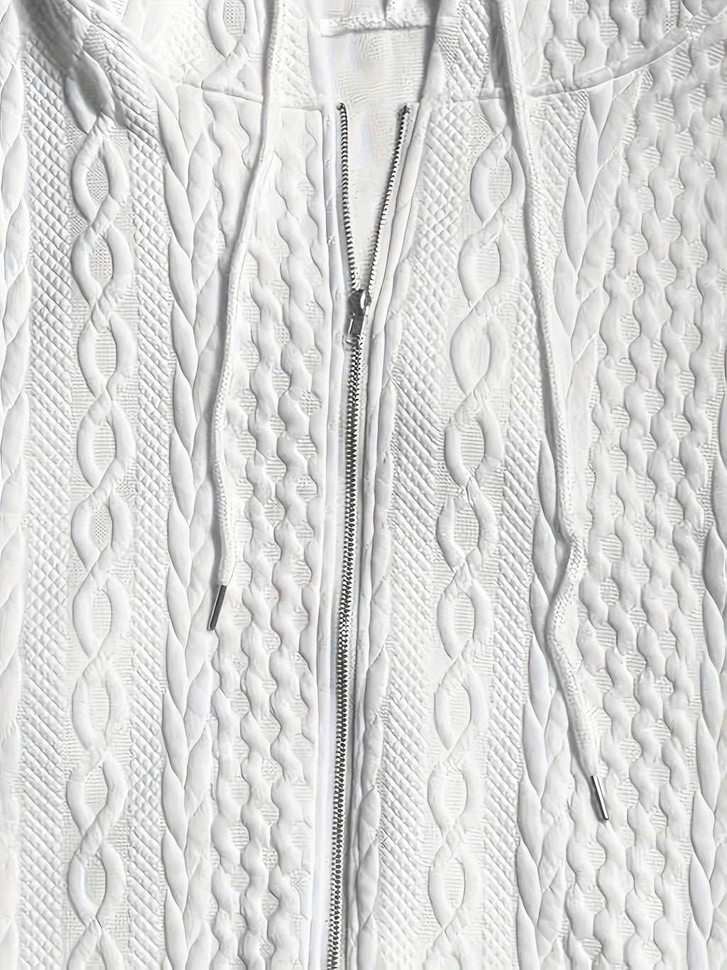Women Casual Solid Color Zip Hooded Jacket with Pockets Long Sleeve Textured Polyester White Fall Winter S-XXL