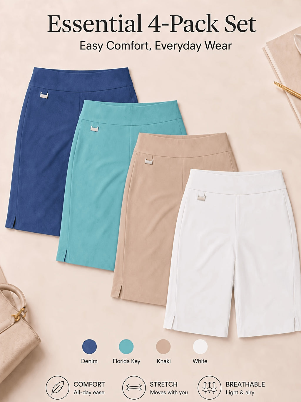 Women's Bermuda Shorts 4-Pack Pull-On Stretchy Breathable Knee Length Work Shorts with Side Slit Hem Skin-Friendly Multi-Color Set