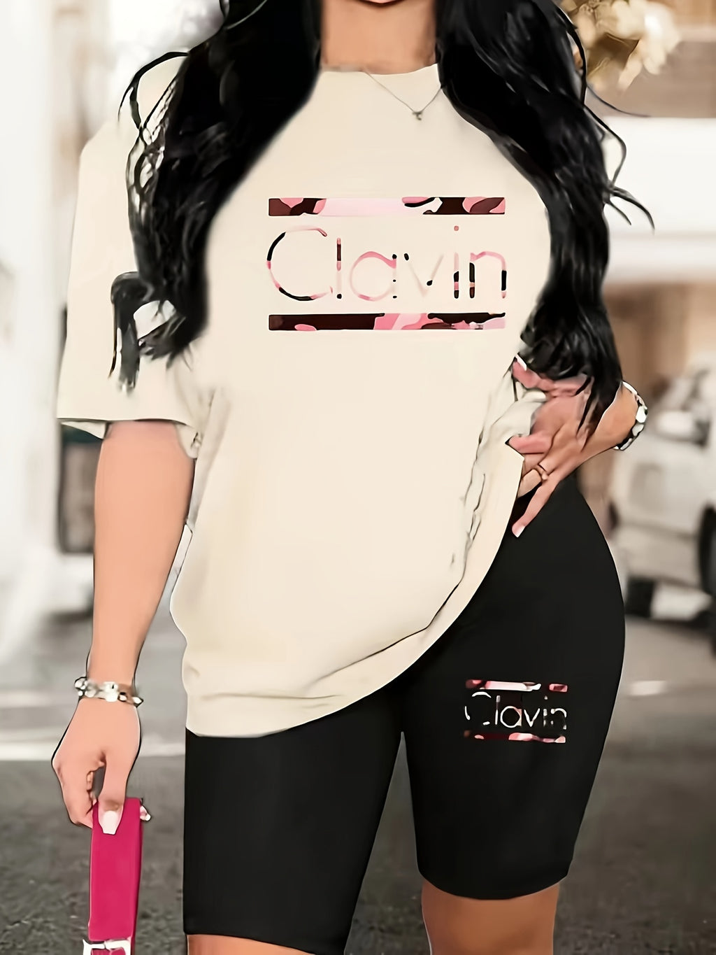 Women's 2-Piece Oversized T-Shirt and Fitted Shorts Matching Set Lettering Print Streetwear Loungewear