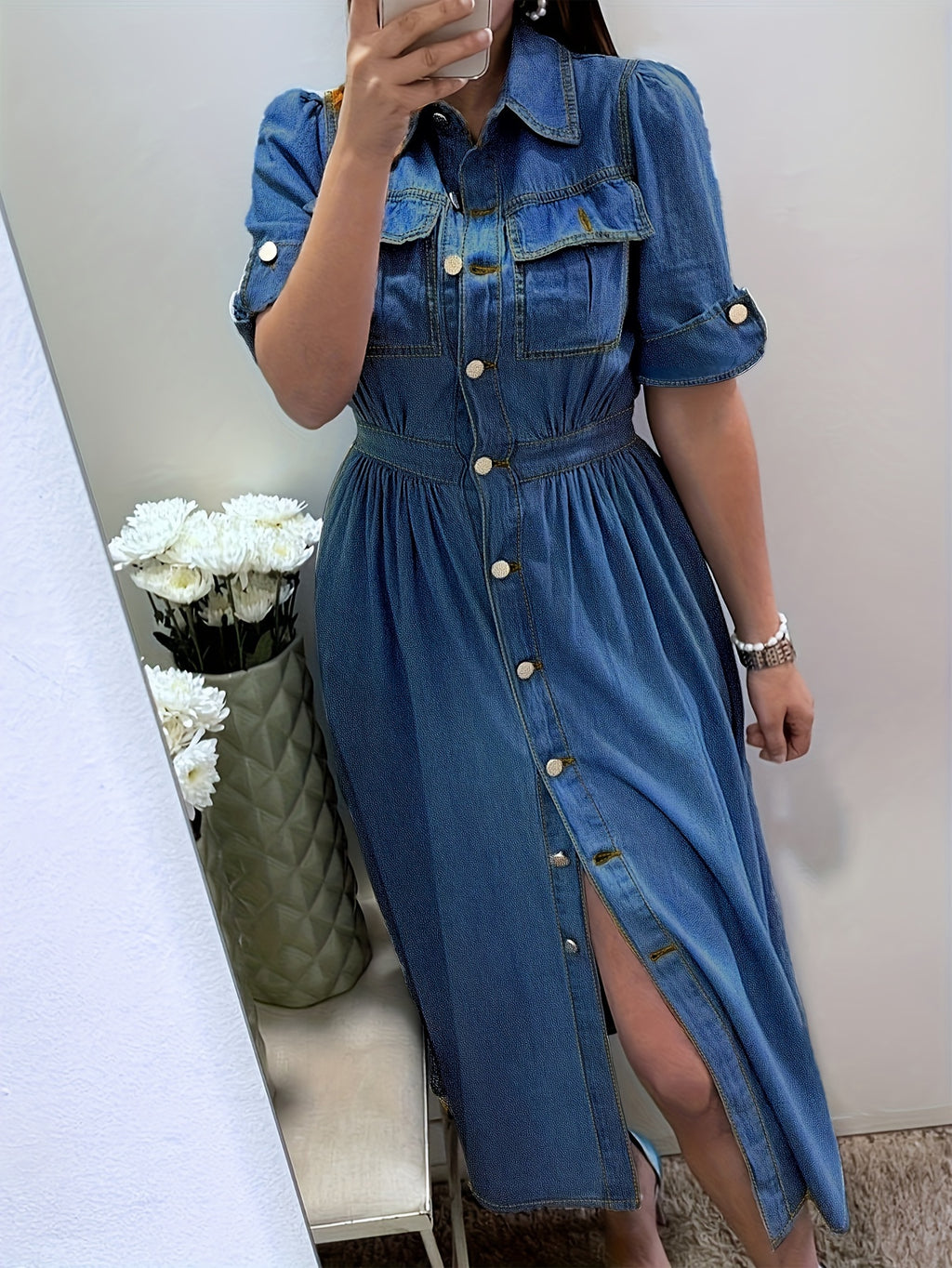 A-Line Denim Shirt Dress Women Collared Short Sleeve Button Front Pocket Jean Dress Casual Solid Color Spring Summer Everyday Wear