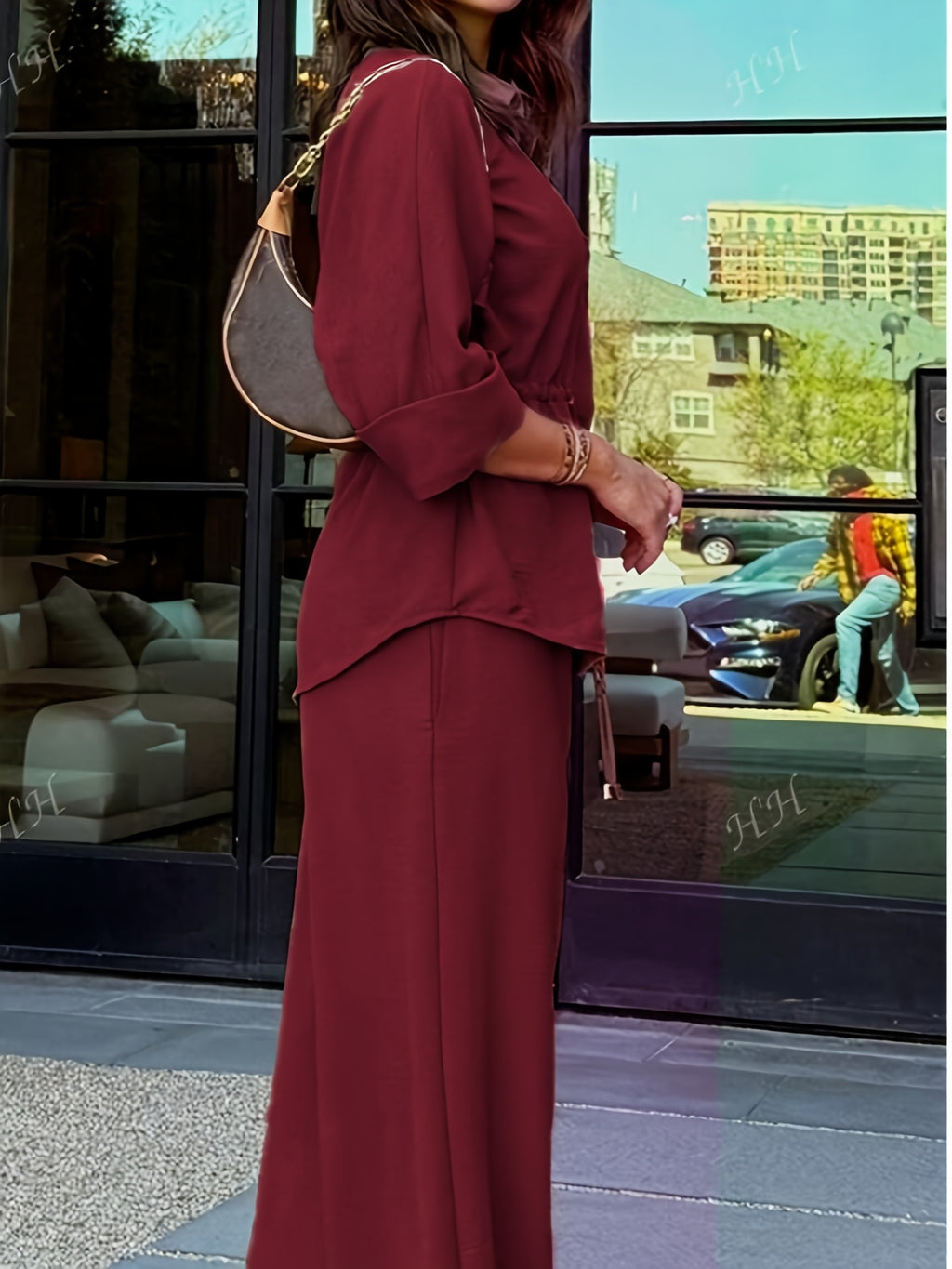 Khaki Shirt-Style Top & Wide-Leg Pants 2-Piece Set for Women – Drawstring Adjustable Waist Casual Outfit for Outings, Daily Commute & Light Social Occasions