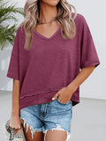 V-Neck Short Sleeve T-Shirt Women Flowy Loose Fit Solid Color Basic Casual Summer Top 100% Polyester S-XXL
