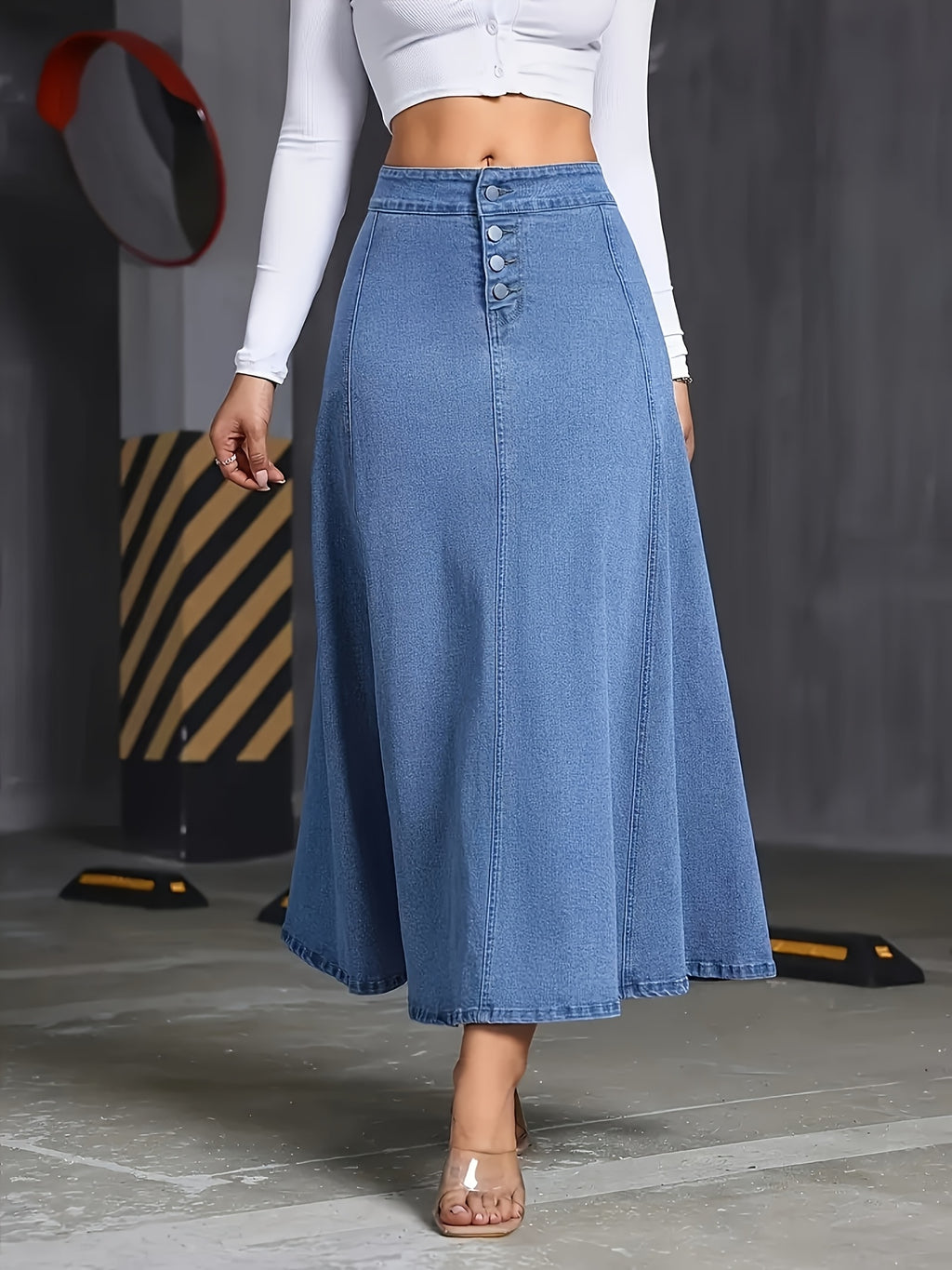 Stretch Denim A-Line Flare Skirt Women Wide Swing Button Detail Machine Washable Medium Blue Casual Formal Spring Summer Fall M-XL