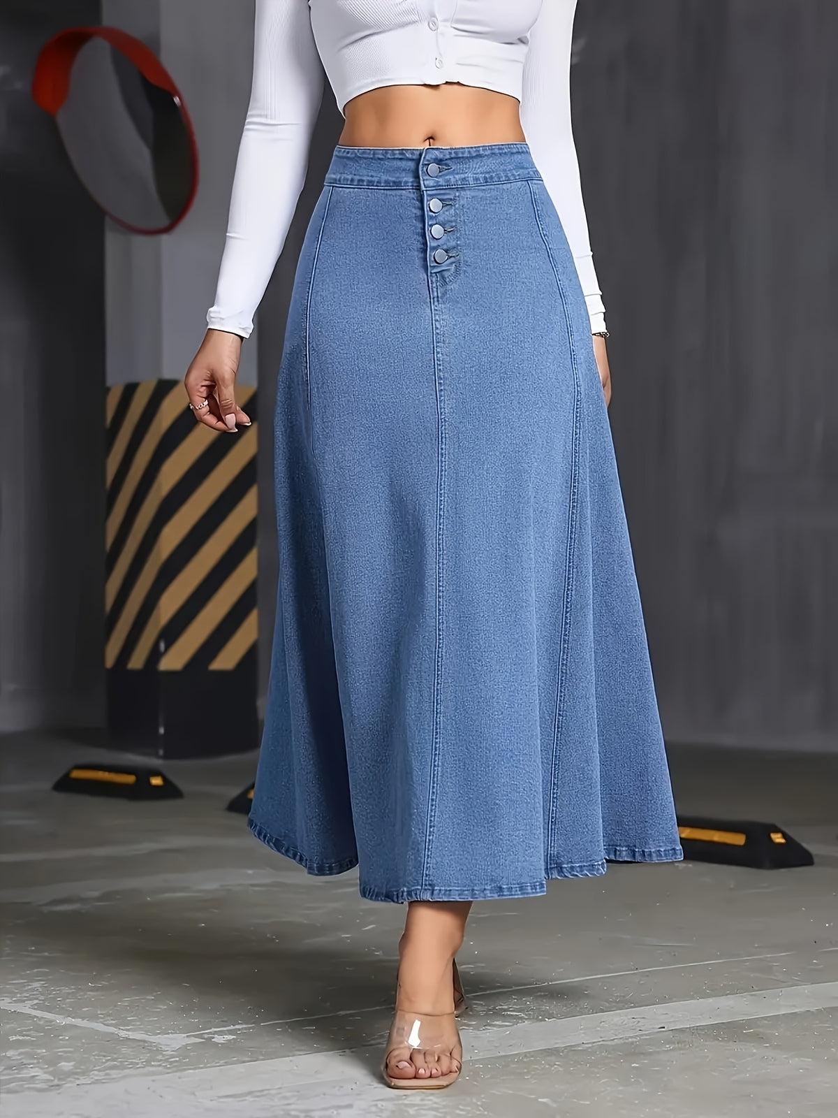Stretch Denim A-Line Flare Skirt Women Wide Swing Button Detail Machine Washable Medium Blue Casual Formal Spring Summer Fall M-XL