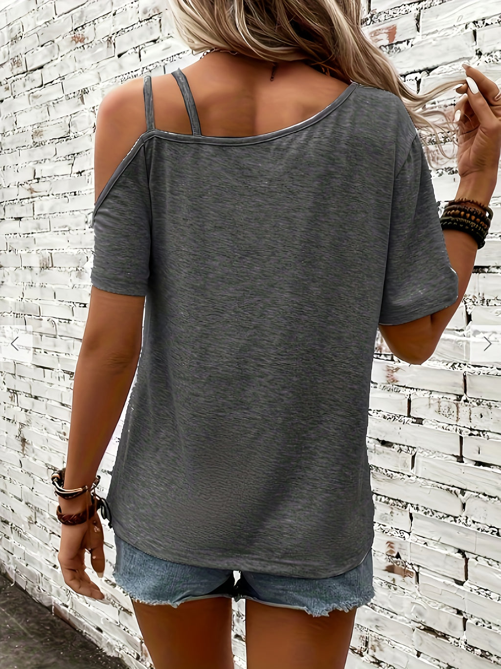 One Shoulder Gray Women Top Short Sleeve Asymmetric Casual Relaxed T-Shirt Daily Wear Spring Summer Chic Solid Color Pullover