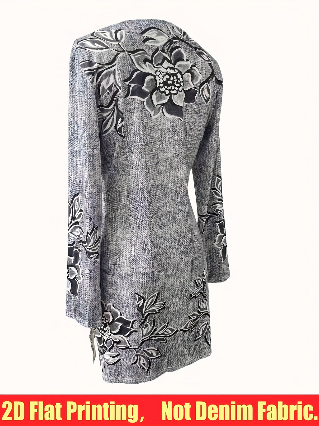 Denim Print Slit Dress Women Casual Elegant Midi Dress Youthful Stretchy Spring Fall Event Dress S-XXL