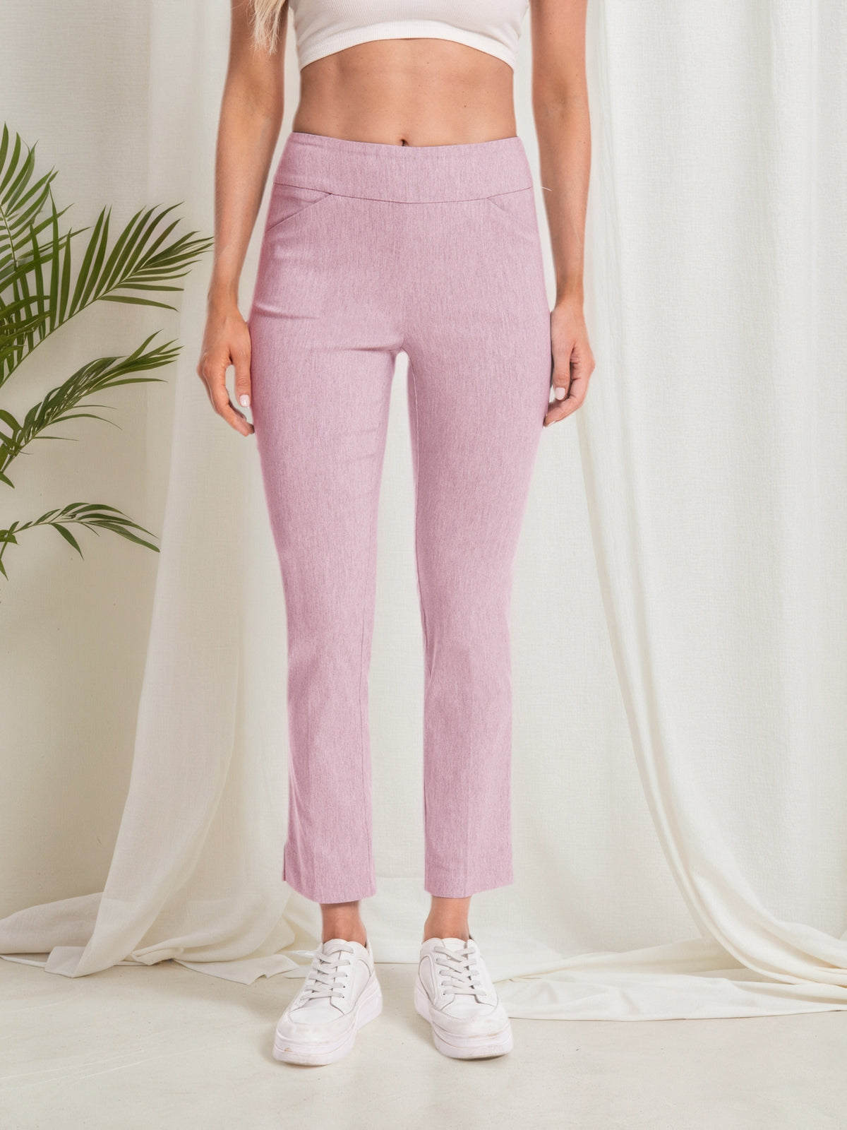 Stretch Ankle Pants Women High Rise Pull-On Straight Leg Slim Fit Work Office Travel Blush Pink Surf Black